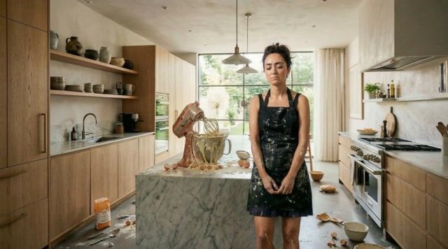 The camera pans around the chaotic kitchen as Pamela mutters 'Everything's going wrong!' with an exasperated voice, sounds of clattering utensils and messy spills, dramatic music swelling to emphasize the madness.