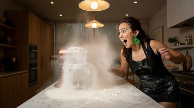 The camera tilts down to the stand mixer as it starts overflowing, Pamela reacts by stepping back quickly and exclaiming 'Oh no!' with a panicked voice, the sound of spilling flour and a sudden clatter, music shifting to a tense and chaotic tone.
