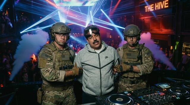 Camera dollies alongside maduro as united states special forces handcuff him and drag him toward the door, maduro protests 'This is a mistake!', accompanied by shuffling footsteps, echoing shouts, and slowing EDM music, suggested duration 8 seconds.