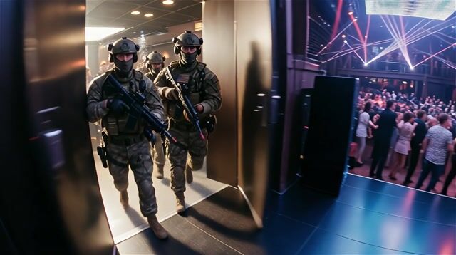 Camera pans quickly from the turntables to the door as united states special forces rush in shouting 'Freeze, you're under arrest!', maduro reacts with surprise, accompanied by loud door-crashing sounds and intensifying EDM music, suggested duration 8 seconds.