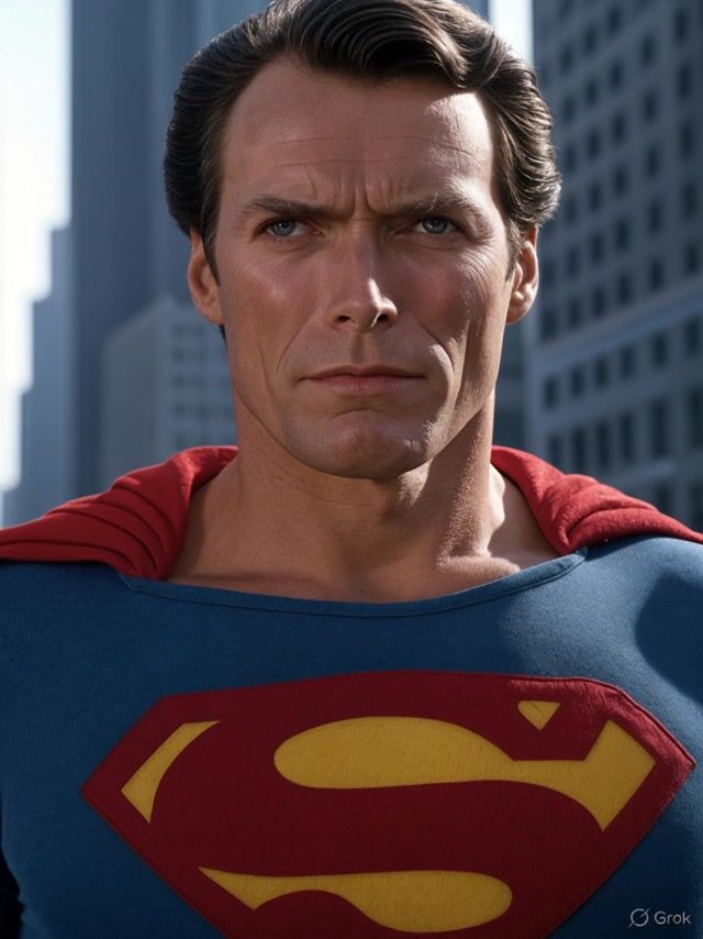 A close-up medium shot of Superman in his iconic blue suit with red cape draped over his shoulders and bold yellow S emblem, standing sternly on a sunlit urban rooftop amid blurred gray skyscrapers, his slicked-back hair and intense furrowed expression locked on camera under bright daylight casting soft shadows on his chiseled face. He powerfully mouths the words "Make my day, punk!" with deliberate lip movements and a subtle menacing head tilt, his cape fluttering gently in the breeze for depth as distant buildings shift slowly in parallax. The camera steadily dollies in to tighten on his piercing eyes by the final frame, maintaining cinematic photorealistic quality with warm sunlight and heroic atmosphere.