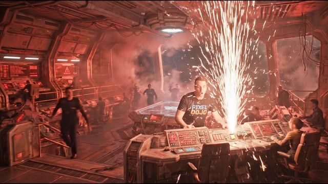 Camera pushes in quickly toward Brian. Red emergency lights flash rapidly. Sparks erupt violently from the console. Brian frantically types on the keyboard and yells, 'I hit the wrong button! The core is overloading!' Loud alarm sirens blare over intense sci-fi action music.