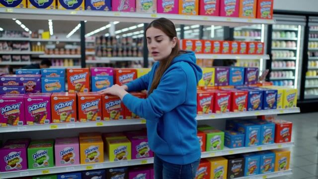 A realistic scene of a woman in a candy store frantically searching to find the last pixel dojo candy bar. once she finds it she exclaims, "gotta have that pixel dojo candy". the candy features a pixelated purple dragon with the text "pixel dojo" on the wrapper.