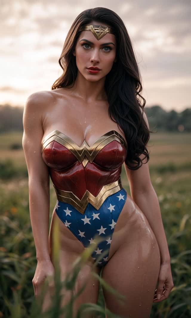 A full-body cinematic shot of Wonder Woman standing confidently in a lush green field under a dramatic golden-hour sunset sky with warm lighting casting soft glows on her glossy red-and-gold bustier, blue star-spangled bottoms, and muscular physique, her long dark hair flowing slightly. She begins talking passionately about the Amazons, her expressive face animating with moving lips and subtle hand gestures rising from her sides, while the foreground grass sways gently in the breeze and distant background fields and clouds drift lazily at half speed. The camera steadily dollies in closer to her upper body over 10 seconds, heightening the intimate intensity as she concludes her words with a determined gaze.