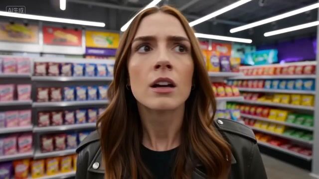 a thrilling action sequence of a woman trying to find her favorite candy in a candy store. The candy wrapper is purple with a pixelated dragon and reads "Pixel Dojo". The woman says "Gotta have that pixel dojo candy. with over 60 ai tools, it's basically zero calories."