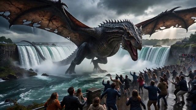 monster takes a bite of people.  chews them up, then flies away.