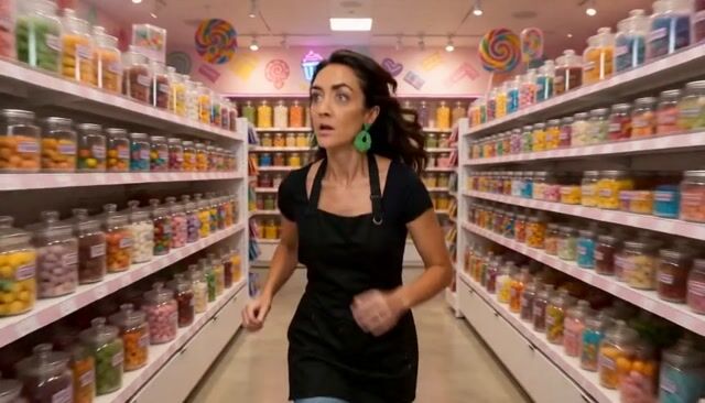 the woman [Image1] [Image2] [Image3] [Image4] is frantically running through a candy store in search of something. While running she says "With over 100 A.I Image and A.I Video tools, and new updates daily, Pixel Dojo is the only subscription you need." Just as she is finishing she finds a purple candy bar with a purple dragon logo [Image5] that reads Pixel Dojo. 