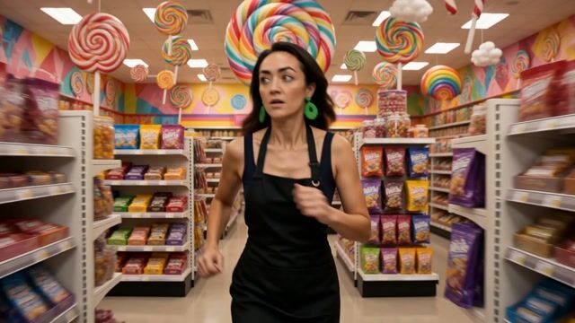 the woman [Image1] [Image2] [Image3] [Image4] is frantically running through a candy store in search of something. While running she says "With over 100 A.I Image and A.I Video tools, and new updates daily, Pixel Dojo is the only subscription you need." Just as she is finishing she finds a purple candy bar with a purple dragon logo [Image5] that reads Pixel Dojo. 