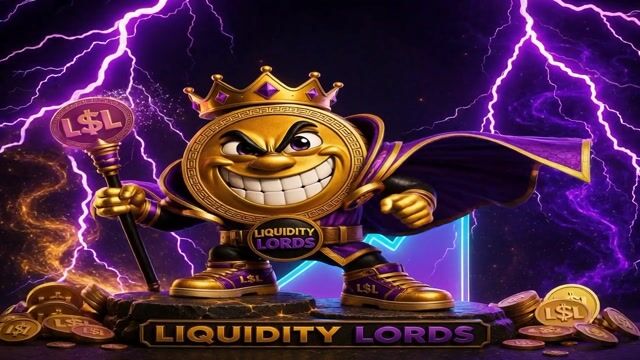 The L$L king dances energetically on the stone platform, swaying its body and waving the glowing scepter while L$L coins lift from the floor and rise around it. Upward-trending charts materialize and ascend amid crackling purple lightning as the camera slowly pulls back to capture the triumphant motion.