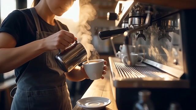 a barista pouring latte art in golden morning light, steam rising, shallow depth of field, slow push-in