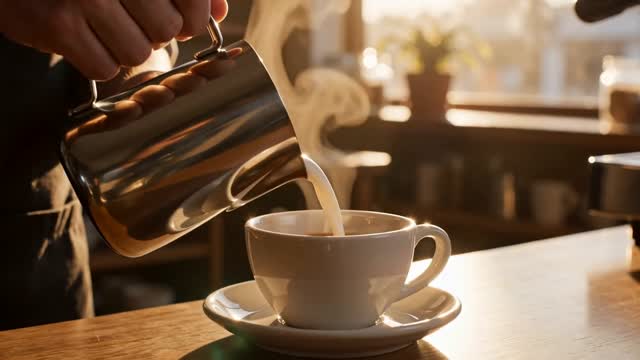 a barista pouring latte art in golden morning light, steam rising, shallow depth of field, slow push-in