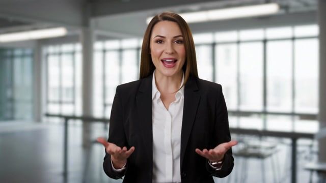 a friendly professional presenter speaking to camera in a bright modern studio, natural hand gestures, broadcast quality