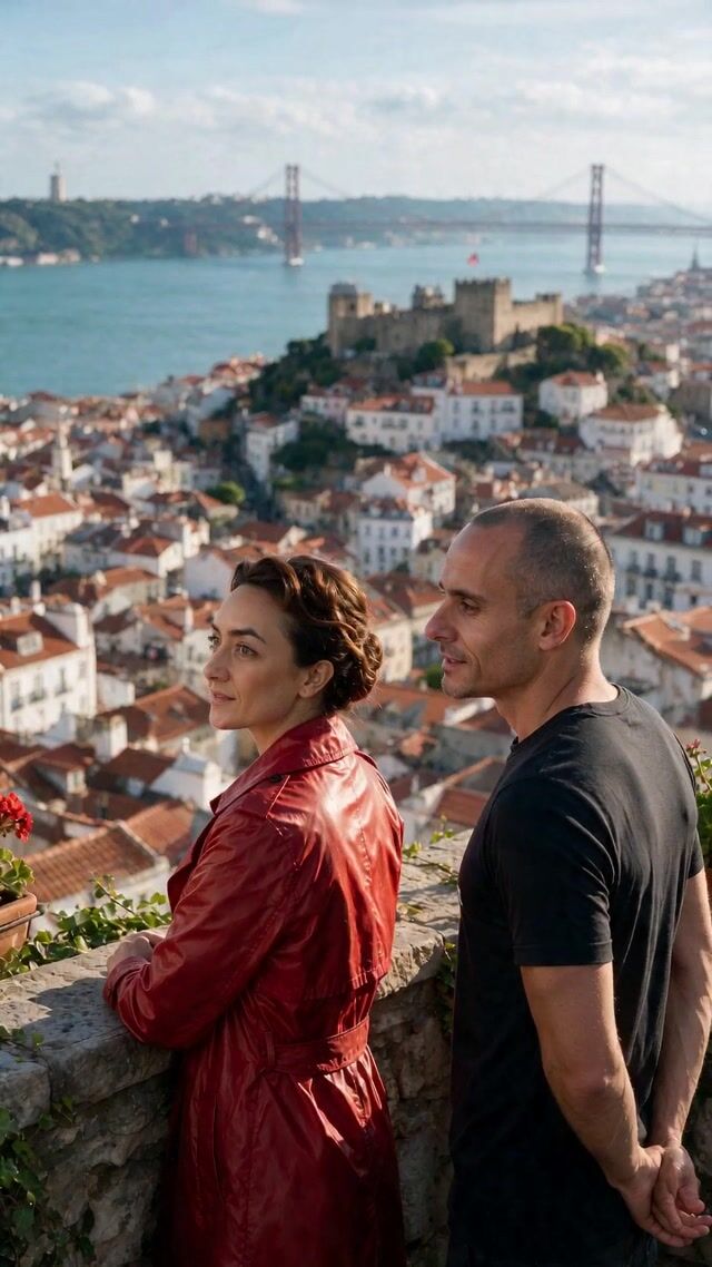 Pamela and Brian pause overlooking the lisbon city vista. Pamela in her red trench cooat and Brian in his black shirt. [Brian, warm]: "Then let's make it permanent."