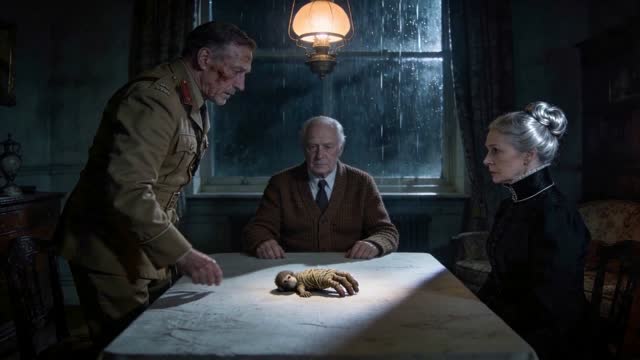 In a lamplit 1900s English parlor with rain lashing the window, Sergeant-Major Morris, a weathered soldier in a khaki uniform, drops a small mummified monkey's paw on the table between Mr White, an old man in a brown wool cardigan, and Mrs White, an old woman in a high-collared black dress with a silver bun. [Morris, grim]: "It grants three wishes. Burn it."