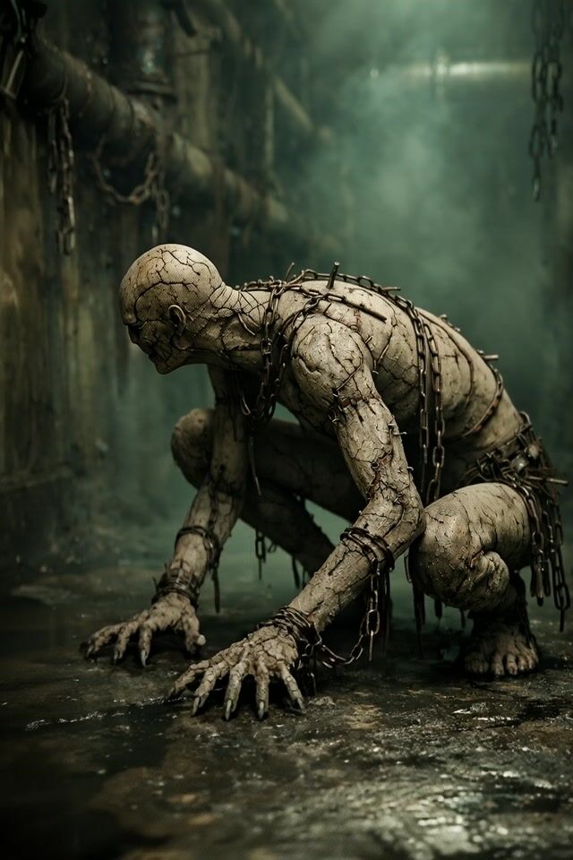In a photoreal subterranean horror scene a tall chained creature crouches low on the flooded stone floor of a misty industrial corridor its cracked clay-like body wrapped in heavy chains and claws extended amid hanging pipes and green-tinted torchlight captured in a medium cinematic shot. The camera steadily tracks right to left through shallow water as four pale creatures crawl in from left openings prompting the chained creature to charge and battle with whipping chains shoulder slams ankle yanks and powerful throws that leave all four defeated and crawling on the left with foreground water ripples contrasting slower background mist layers. It stands victorious in the center chest heaving then turns toward the lens releasing a piercing scream as the torch flickers out in an ultra-realistic intensely violent fight scene.