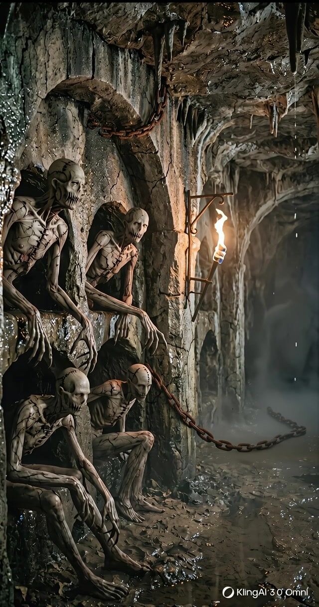 In a photoreal subterranean horror scene four emaciated chained creatures crouch within the rocky alcoves of a misty industrial corridor their cracked stitched skin wrapped in heavy chains amid dripping stalactites and a flickering torch on the right wall casting warm light over the wet stone floor. The camera steadily tracks right to left through shallow water as the creatures make subtle shifts with faint chain rattles and claw twitches creating foreground ripples that contrast slower swirling mist layers in the background. The torch flame flickers casting dynamic shadows while water drips steadily from the ceiling in an ultra-realistic intense atmosphere.