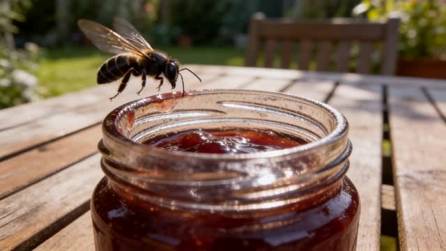 EXT. GARDEN TABLE - MORNING. Photorealistic live-action. Wooden garden table with open glistening jam jar in foreground. Dark wasp enters from top left descending toward the jam jar rim with motion blur. Edna is entirely off-frame and not visible. She doesn't speak — silence except faint buzz.