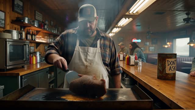 Interior of Billy Bob's Road Kill and Grill.

Medium shot.

Billy Bob flips a sizzling armadillo on the grill.

Grease pops loudly.

The camera slowly trucks right as Darla drops a burlap sack onto the counter.

The flattened armadillo slides out.

Billy Bob grins.

He says:
<d>[English] Classic. Ten bucks. Grilled or fried?</d>

Steam rises as he pours thick red barbecue sauce from a rusty coffee can labeled DON'T ASK.

Natural body movement, expressive facial animation, realistic grill smoke, cinematic southern diner atmosphere, humorous timing.