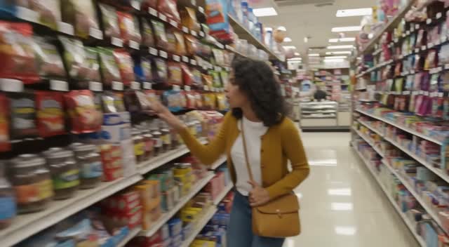A realistic scene of a woman in a candy store frantically searching to find the last pixel dojo candy bar. once she finds it she exclaims, "gotta have that pixel dojo candy". the candy features a pixelated purple dragon with the text "pixel dojo" on the wrapper.