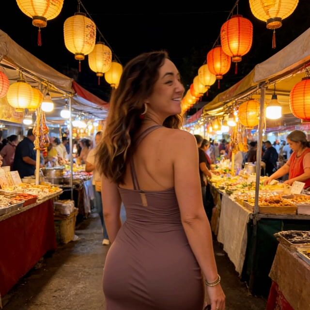 The woman turns and walks away from the camera through the scene