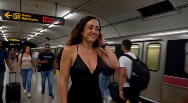 The woman turns and walks away from the camera through a crowded subway station