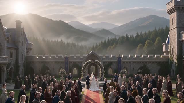 live-action fantasy video, ultra-photorealistic, realistic Hollywood blockbuster cinematography.

Use @image1 as the primary dragon reference. Maintain the dragon’s exact design consistently throughout the entire video: anatomy, head shape, horns, wings, scales, body proportions, and cobalt-blue color #1952F0.

0–3 seconds — Epic Wedding

A royal wedding is taking place in the courtyard of a magnificent medieval castle. Massive mountains and a misty forest stretch into the distance. The bride and groom stand at the altar, surrounded by hundreds of guests wearing luxurious medieval clothing.

Everything feels extremely serious, majestic, and emotional, like a high-budget Hollywood fantasy movie.

The camera performs a slow cinematic push-in toward the bride and groom.

3–6 seconds — The Dragon Arrives

Suddenly, a deafening dragon roar echoes across the sky.

Everyone freezes.

The camera rapidly tilts upward.

A gigantic, photorealistic blue dragon emerges from behind the clouds and flies low toward the castle courtyard.

The powerful force of its wings causes flowers, fabric, hair, and the guests’ clothing to violently move in the wind with realistic physical motion.

The guests immediately panic and run in every direction.

6–8 seconds — Dramatic Landing

The dragon lands directly behind the bride and groom with an enormous impact.

BOOM!

Dust, leaves, flowers, and small rocks explode outward.

The groom raises his sword in terror.

The dragon slowly lowers its enormous head until its face is extremely close to the groom.

Everyone freezes.

Silence.

8–10 seconds — The Absurd Twist

The dragon suddenly shifts its attention toward the wedding cake.

The camera follows the dragon’s gaze toward the cake.

The dragon slowly moves its enormous face closer and takes one tiny bite of the cake using only the tip of its tongue.

Everyone stares at the dragon in complete disbelief.

10–12 seconds — The Punchline

The bride looks at the ruined cake, then turns toward the dragon with an angry expression.

She says:

“THAT WAS THE WEDDING CAKE!”

The dragon immediately freezes.

It looks at the bride.

Then it looks at the remaining cake stuck to the tip of its tongue.

Its expression becomes extremely embarrassed and guilty.

The dragon slowly lowers its head and looks away like a giant dog that has just been caught stealing food.

CUT TO BLACK.

Visual & Realism

The entire scene must look like actual live-action footage from a Hollywood fantasy blockbuster, not animation.

The dragon must look like a living creature that physically exists on set: individually detailed scales, natural skin texture, realistic wet eyes, natural saliva, visible muscle movement beneath the skin, heavy breathing, believable body weight, and physically realistic movement of the wings and tail.

Every interaction with the environment must obey realistic physics: wing-generated wind, dust, flowers, fabric, hair, rocks, and ground debris must move naturally and convincingly.

The humans must look like real actors, with spontaneous and natural facial expressions and reactions.

Cinematography: large-format Hollywood cinema camera, anamorphic lens, natural depth of field, realistic motion blur, subtle handheld camera shake during the chaos, dramatic low-angle shots, rapid tilt-up, cinematic push-in, realistic exposure, natural lens flare, volumetric sunlight, atmospheric fog, realistic shadows, 4K HDR.

Tone: The scene begins as a serious, tense, and epic fantasy sequence, then suddenly turns into absurd, unexpected, deadpan comedy. The dragon must never look intentionally funny or cartoonish. Its extremely serious and realistic behavior and expressions should make the punchline even funnier.

ABSOLUTE LIVE-ACTION REALISM: no cartoon, no animation, no anime, no stylized creature, no video-game look, no illustration, no plastic skin, no artificial-looking creature, no exaggerated facial expressions, no magical glow, no glowing eyes, no artificial-looking effects.

No subtitles, no text, no watermark, no additional logos.