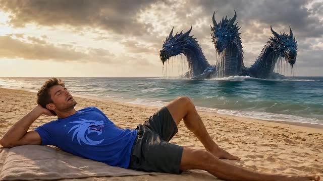 Create a photorealistic 10-second cinematic action video in full-screen landscape 16:9, transitioning naturally from the provided start frame to the provided end frame.

Preserve the same man, face, hairstyle, body, cobalt T-shirt, shorts, Pixel Dojo logo, beach, towel, ocean, lighting and three-headed sea dragon throughout the entire video.

IMPORTANT ACTION ORDER:
The man begins with his eyes closed and does not know the dragon is behind him. He must hear the roar first, open his eyes, turn his head and upper body to look directly at the dragon, react with extreme fear, stand up, then run toward the camera. Do not make him run before looking at the dragon.

0–2 seconds:
Begin exactly from the supplied opening image. The man remains peacefully lying on the towel with his eyes closed. He breathes naturally and appears completely relaxed. Gentle waves move in the background. The camera slowly pushes in toward his calm face.

2–4 seconds:
The middle dragon head suddenly rises higher and roars with enormous force. The two side heads move aggressively while seawater crashes around all three necks.

At the exact moment of the roar, perform a rapid crash zoom toward the three dragon heads. The camera begins shaking violently as if the roar makes the beach tremble. Add strong cinematic vibration and slight horizon movement while keeping the characters recognizable.

The man is startled awake. His eyes snap open and his whole body tenses. He quickly lifts his head, then turns his head and upper torso toward the ocean. He must clearly see and look directly at the three-headed dragon.

4–6 seconds:
Use a fast whip pan from the dragon to a close-up of the man’s face. His expression must resemble a serious live-action action movie: extremely wide eyes, raised eyebrows, open mouth, tense jaw, rapid breathing and genuine terror.

Create a dramatic dolly zoom on his frightened face. He pushes both hands into the towel, scrambles backward on the sand and urgently gets to his feet. His movement is fast and panicked but anatomically realistic.

6–10 seconds:
A large wave surges toward the beach as the dragon roars again. The second roar causes another burst of intense handheld camera shaking.

The man turns fully away from the ocean and sprints straight inland toward the camera. He runs forward, never backward or sideways. The camera rapidly tracks backward in front of him at chest height, gradually zooming out to reveal the wave and all three dragon heads chasing from the ocean behind him.

While running, he looks backward over one shoulder only once, becomes even more terrified, then immediately faces forward and continues sprinting. Sand sprays naturally from beneath his feet.

Finish exactly in the supplied ending frame: the man is running toward the camera with an intense terrified expression, the Pixel Dojo logo is clearly visible on his chest, the abandoned towel lies behind him, and the three-headed dragon remains offshore amid the large waves.

CAMERA STYLE:
Use a slow push-in, crash zoom toward the dragon, violent camera shake during both roars, fast whip pan, dramatic facial dolly zoom, smooth zoom-out and rapid backward tracking shot. The movement must feel like a high-budget action movie, not a comedy. Camera shake should be powerful but must not deform the man, dragon or logo.

The dragon must always have exactly three heads connected by three necks to one shared body. It remains in the ocean and never reaches the sand or touches the man.

Keep the Pixel Dojo logo permanently printed on the same area of the shirt. It may move naturally with the fabric but must remain recognizable and unchanged.

No smiling, weak reaction or slow casual movement after the roar. No teleporting, backward running, running toward the dragon, falling, extra people, duplicate man, separate dragons, additional or missing heads, extra limbs, fire breathing, injury, animated logo, distorted logo, text, subtitles, watermark, additional branding or black bars.