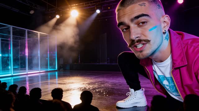 In the neon dance studio with a slick reflective floor, translucent glass panels, and magenta-cyan rim light, Jack, in an electric magenta jacket over a white graphic tee with cyan print, black fitted joggers, and white high-top sneakers, fills the frame from brow to chin at center floor, eyes wide, brows up, mouth shaped around a lyric, a cyan highlight along one cheek.