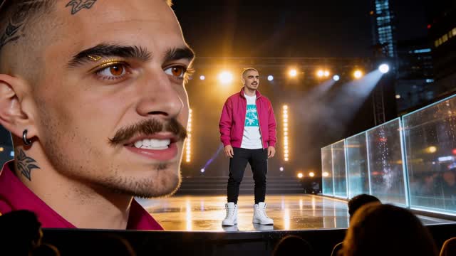 On the glowing urban night stage with a slick reflective floor, translucent glass panels, and high-contrast electric-blue and neon-gold concert light with strobe accents, Jack, in an electric magenta jacket over a white graphic tee with cyan print, black fitted joggers, and white high-top sneakers, is framed forehead to mouth at the stage lip, one eye catching a gold rim, gaze off-lens toward frame-right, lips parted.