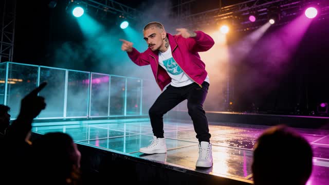 On the glowing urban night stage with a slick reflective floor, translucent glass panels, and bright cyan-magenta concert light with soft backlight fog, Jack, in an electric magenta jacket over a white graphic tee with cyan print, black fitted joggers, and white high-top sneakers, is framed shoulders-up at the stage lip, torso twisted frame-left, both index fingers pointed toward blurred audience silhouettes, chin tucked, teeth showing, eyes wide.