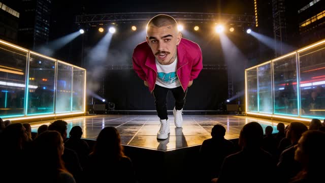On the glowing urban night stage with a slick reflective floor, translucent glass panels, and a wash of warm neon gold with cyan rim light, Jack, in an electric magenta jacket over a white graphic tee with cyan print, black fitted joggers, and white high-top sneakers, fills the frame from brow to chin at the stage lip, eyes locked on the lens, a bead of sweat on the temple, mouth closed, gold light on the lower lip.