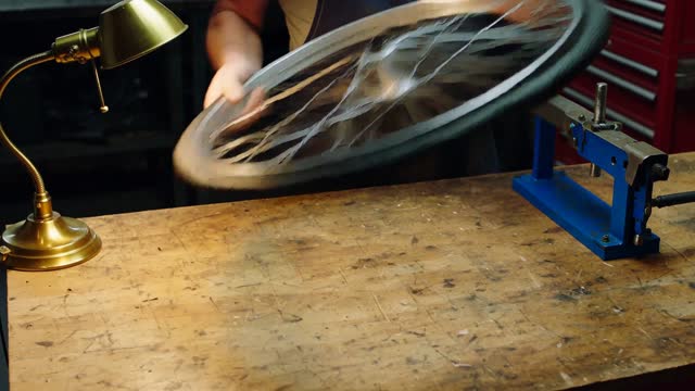An instructional video in a small bicycle repair shop. [0-3 seconds] A bent wheel lies flat on the workbench. The mechanic lifts it and seats it in the truing stand. End with the bench empty. [3-7 seconds] He spins the wheel and tightens two spokes with a spoke wrench. End with the wrench in his right hand. [7-10 seconds] He lifts the wheel out of the stand and hangs it on a wall hook. End with the stand empty.