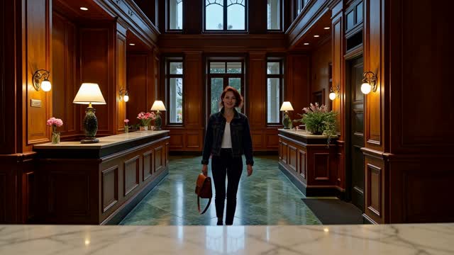 Use Image 1 for the woman: preserve her short dark red hair, her face, and her navy canvas jacket. Use Image 2 for the tan leather satchel she carries in her right hand: preserve its brass buckles and long shoulder strap. Use Image 3 for the location: the wood panelling, green marble floor, brass wall lamps, and tall windows. She walks through the lobby toward the camera and sets the satchel down on the reception desk. Warm evening light, locked-off wide shot.