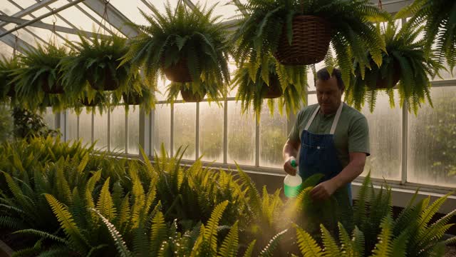 A gardener stands among hanging ferns in a greenhouse, misting the leaves with a spray bottle. Locked-off static wide shot. No push in, no handheld, no zoom, no dolly. The frame never moves.