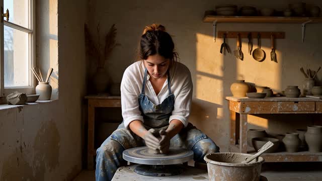 A ceramic studio in the late afternoon, one continuous session at the wheel, written as five timed beats from centring the clay to lifting the finished vase away. Audio: the low hum of the wheel throughout, wet clay slipping under her hands, and the wire cutting the base at the end. No music.