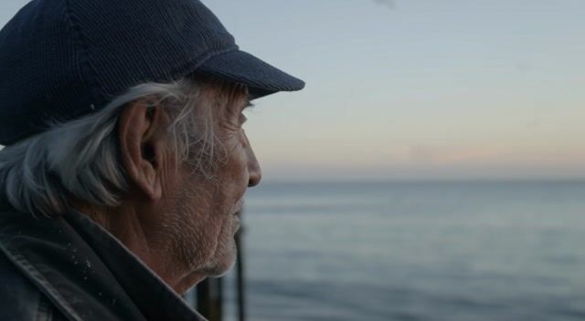 Close-up of an elderly fisherman's weathered face as he looks out to sea at dawn, gentle camera drift, seagulls calling in the distance