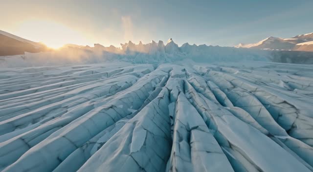 A cinematic drone shot gliding over a glacier at golden hour, slow push forward toward jagged ice peaks, volumetric light, ambient wind and distant cracking ice