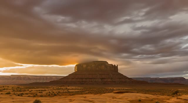 Time-lapse style clouds rolling over a desert mesa at sunset, colors shifting from amber to violet, wide establishing shot