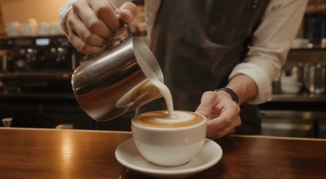 A barista pouring latte art in slow motion, steam rising, warm cafe lighting, shallow depth of field, soft jazz in the background