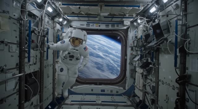 An astronaut floating inside a space station, Earth rotating slowly through the window behind, subtle lens flare, quiet hum of machinery