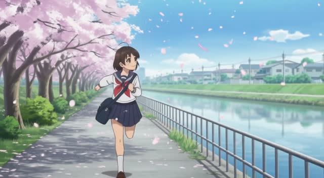 Anime-style schoolgirl running along a cherry-blossom lined river path, petals swirling in the wind, vibrant spring colors, upbeat mood