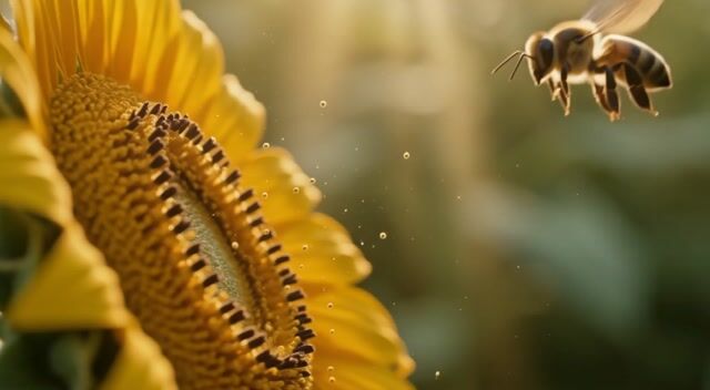 Macro shot of a honeybee landing on a sunflower, pollen drifting in sunbeams, extreme detail, gentle buzzing