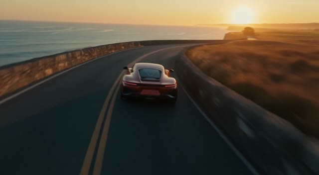 A luxury sports car driving along a coastal cliff road at sunset, aerial chase shot, waves crashing below, engine note echoing