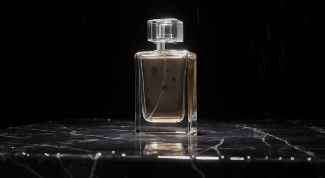 Product shot of a perfume bottle on black marble, water droplets cascading around it in slow motion, studio lighting sweep