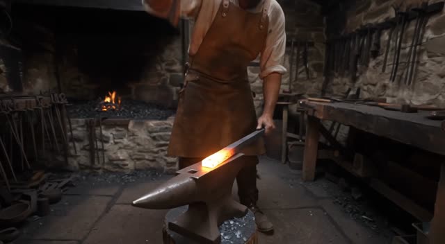A medieval blacksmith hammering glowing steel in a dark forge, sparks flying with each strike, rhythmic metallic clangs