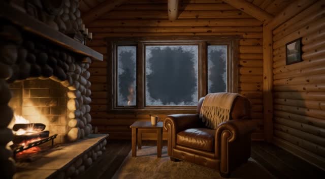 A cozy cabin interior during a snowstorm, fireplace crackling, camera slowly pushes toward the frosted window, warm and inviting
