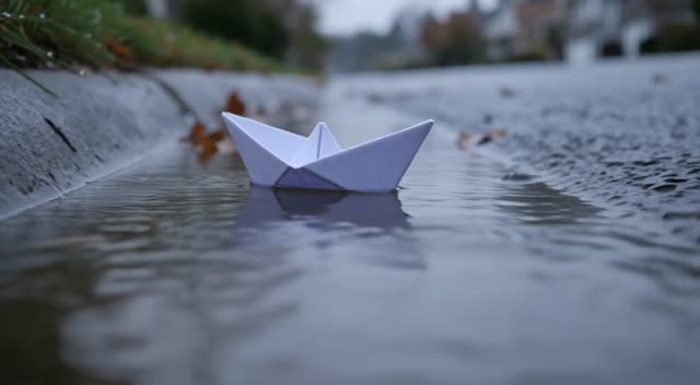 A paper boat drifting down a rain gutter stream, low angle following shot, raindrops rippling the water, gentle and nostalgic