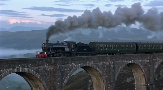 An old steam train crossing a stone viaduct through misty highlands, billowing smoke, distant whistle echoing across the valley