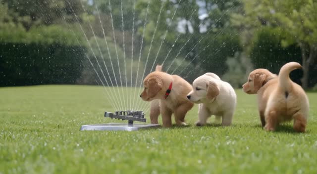 Golden retriever puppies tumbling through a sprinkler on a summer lawn, slow motion, joyful and bright, children laughing off-screen