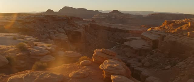 Ultra-wide cinematic drone shot sweeping across a vast desert canyon at golden hour, anamorphic look, dust catching the light, deep engine-less silence broken by wind